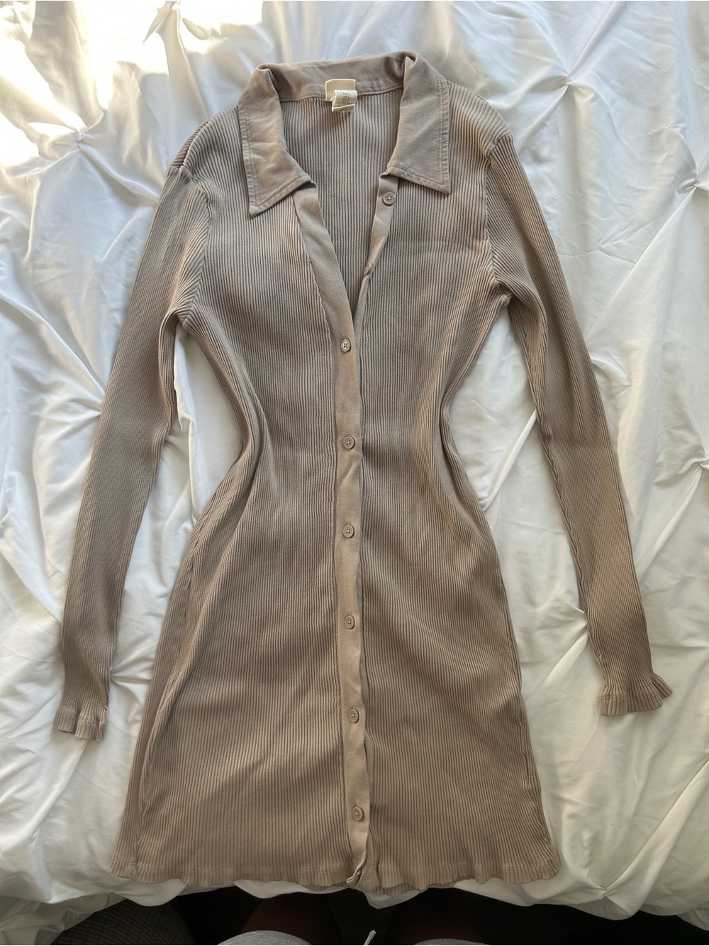 Brown Ribbed Button-Front Long Sleeve Dress Collared Taupe Bodycon Large